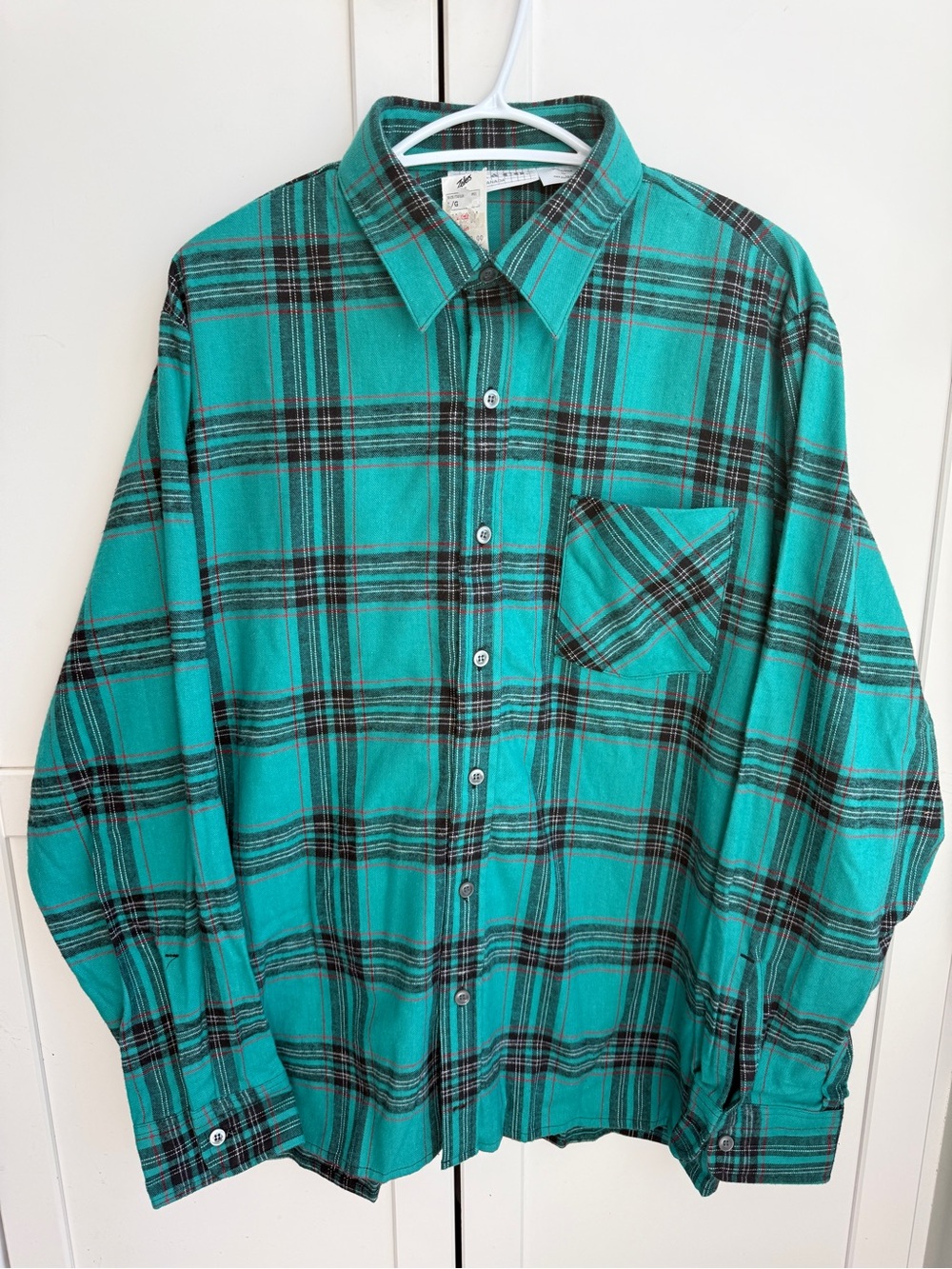 Vintage NOS Made in Canada Teal Tartan Plaid Flannel Shirt Men’s L Cabincore